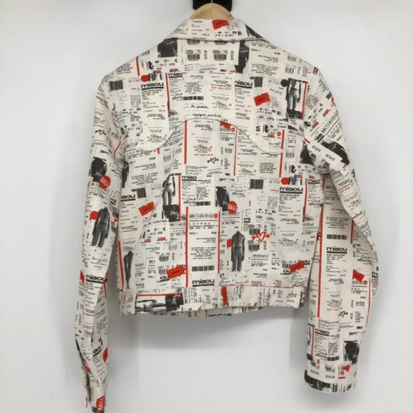 Miaou White Red Newsprint Denim cropped Jacket button front Lottery Ticket Multi - Picture 5 of 16